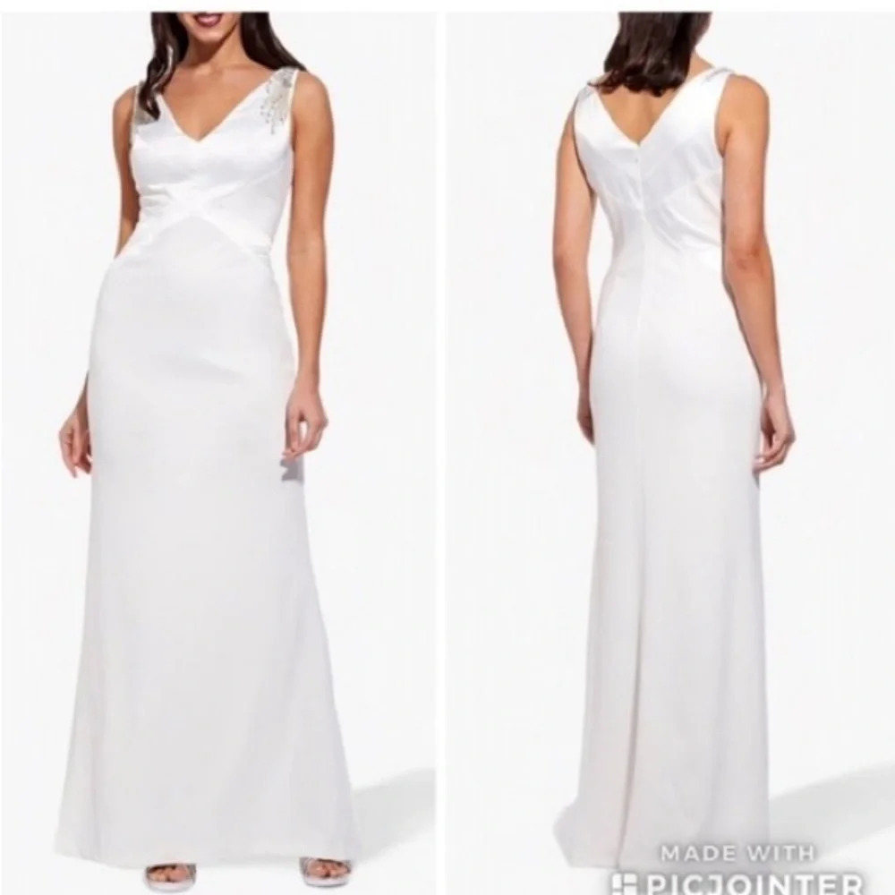 NWT Adrianna Papell Beaded Appliqué Charmeuse Mermaid Sleeveless Ivory Gown Sz 2